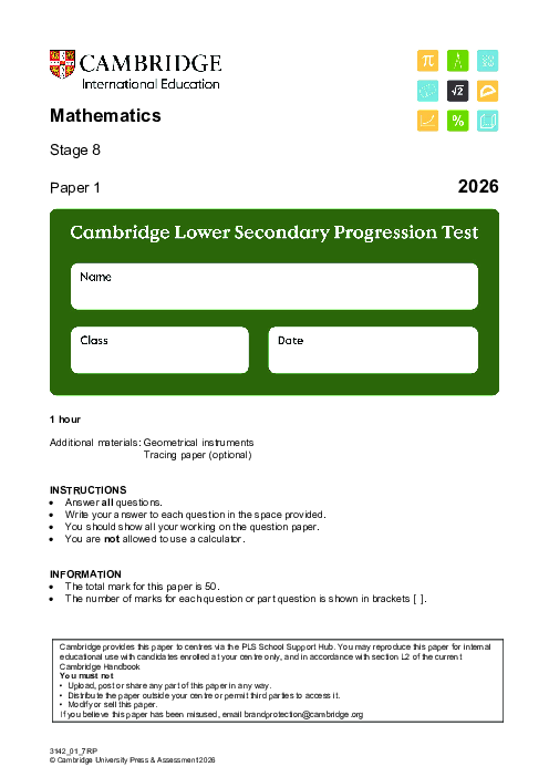 Progression Test Stage 8 Mathematics 2026 Paper 1 pdf
