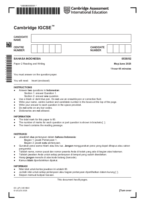 Bahasa Indonesia 0538/02 May June 2025