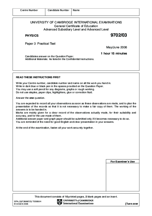 Paper 1, May June 2006 | Cambridge AS - A Level Physics (9702) Past Papers