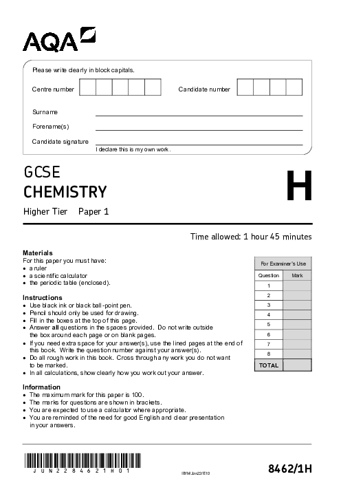 Chemistry 8462/1H June 2022