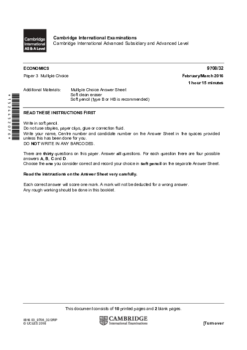 Paper 3, Variant 2, March 2016 | Cambridge AS - A Level Economics (9708) Past Papers