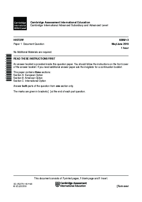  History 9389/21 May June 2019 | Cambridge AS & A Level Past Papers With Mark Scheme