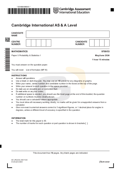 Mathematics 9709/53 May June 2024 | Cambridge AS & A Level Past Papers With Mark Scheme