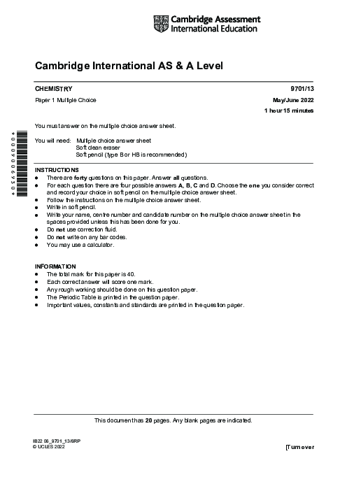 Chemistry 9701/13 May June 2022 | Cambridge AS Level Past Papers With Mark Scheme