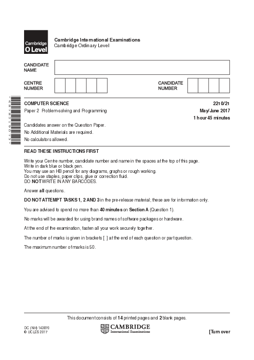 Computer Science 2210/22 May June 2017 | Cambridge O-Level Past Papers With Mark Scheme