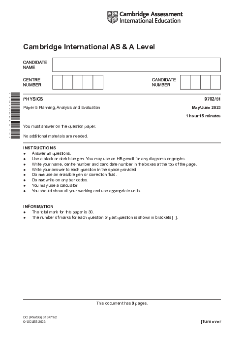 Paper 5, Variant 3, May June 2023 | Cambridge AS - A Level Physics (9702) Past Papers