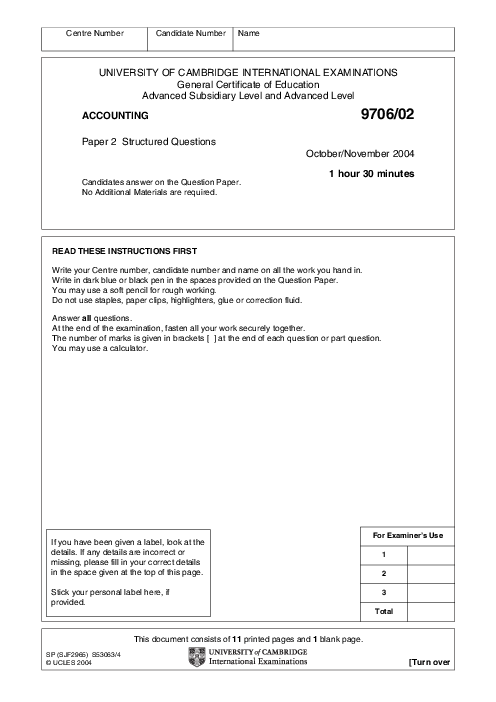 Accounting 9706/03 May June 2004 | Cambridge AS Level Past Papers With Mark Scheme