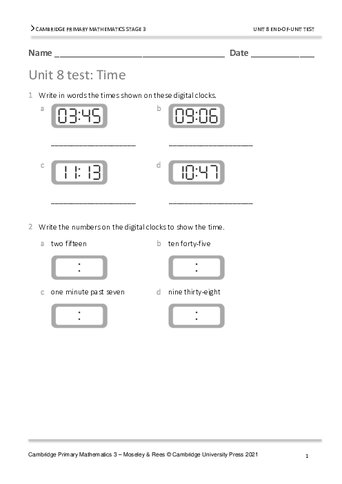 Year 3 Mathematics End of Unit 8 Test - Answers Included