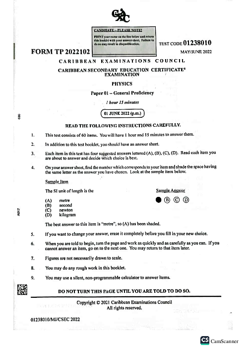 Physics June 2022 Paper 1