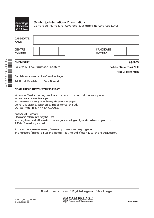 Chemistry 9701/22 Oct Nov 2018 | Cambridge AS Level Past Papers With Mark Scheme