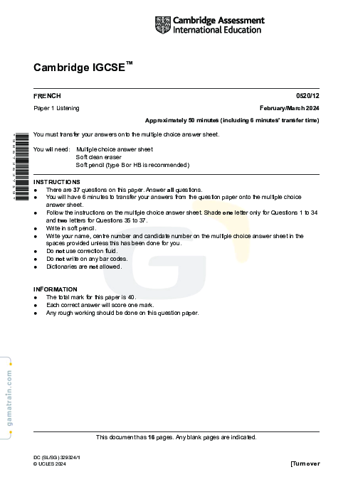 French Foreign Language 0520/12 March 2024