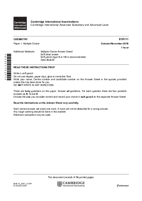 Chemistry 9701/11 Oct Nov 2018 | Cambridge AS Level Past Papers With Mark Scheme