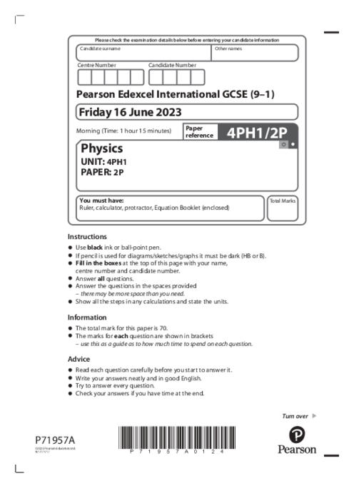  Physics 4PH1/2P May June  2023 | Edexcel IGCSE Past Papers With Mark Scheme