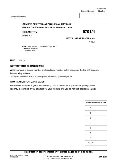 Chemistry 9701/04 May June 2002 | Cambridge AS Level Past Papers With Mark Scheme