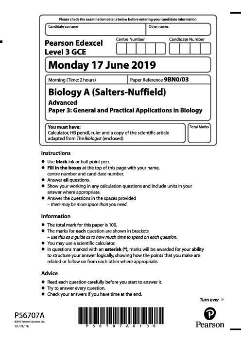  Biology (A) 9BN0/03 May June  2019 | Edexcel  A Level Past Papers With Mark Scheme