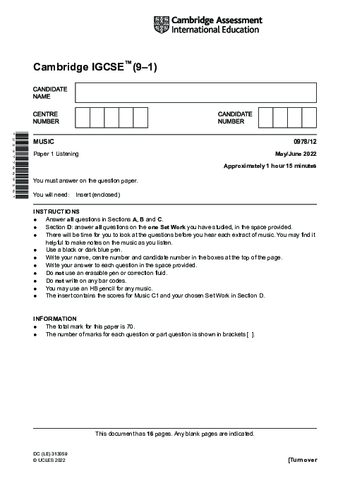 Paper 1, Variant 2, May June 2022 | Cambridge 9–1 GCSE  Music (0978) Past Papers