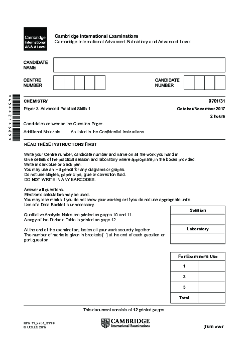 Chemistry 9701/23 Oct Nov 2017 | Cambridge AS Level Past Papers With Mark Scheme