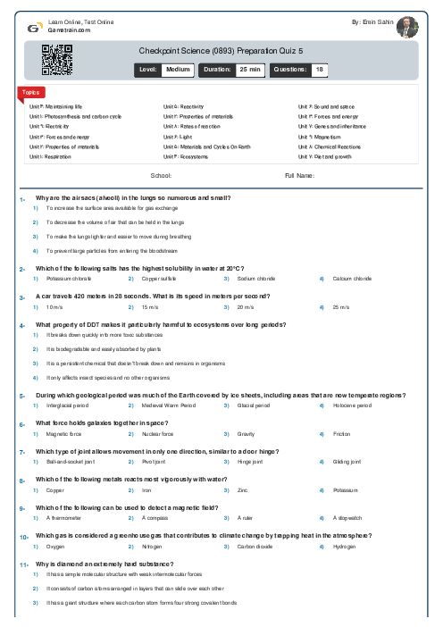 Checkpoint Science (0893) Preparation Quiz 5