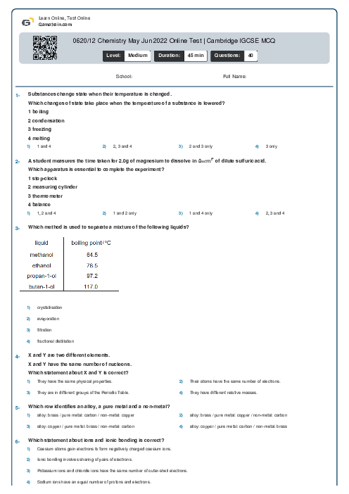 0620/12 Chemistry May Jun 2022 Online Test | Cambridge IGCSE MCQ