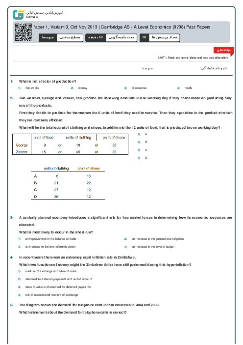 9708/13 Economics Oct Nov 2013 Online Test | Cambridge AS and A Level MCQ