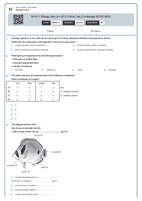 0610/11 Biology May Jun 2012 Online Test | Cambridge IGCSE MCQ