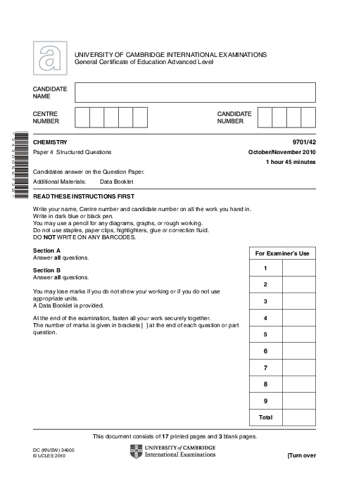 Chemistry 9701/41 Oct Nov 2010 | Cambridge AS Level Past Papers With Mark Scheme