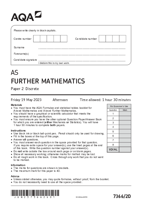 Further Mathematics 7366 Paper 2D June 2023, AQA AS-Level Past Papers with Mark Schemes