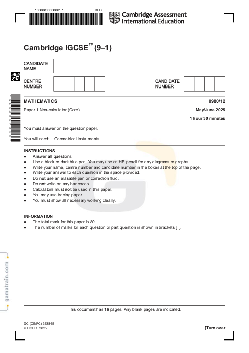 Mathematics 0980/12 May June 2025