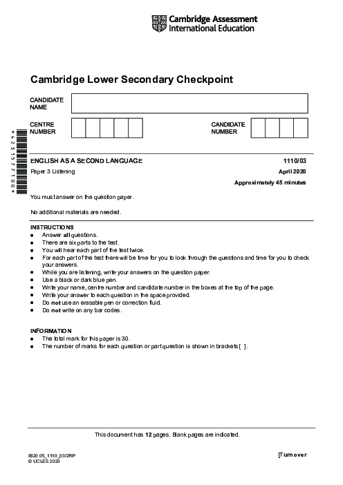 ENGLISH AS A SECOND LANGUAGE 1110,03 April 2020 | Cambridge Lower secondary Checkpoint Past Papers with Mark Schemes