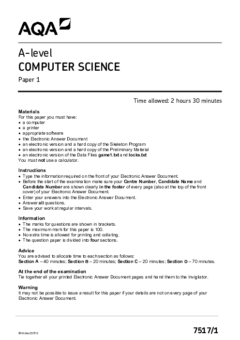 Computer Science 7517/1 June 2022