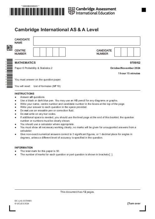  Mathematics 9709,62 Oct Nov 2024 | Cambridge AS - A Level Past Papers With Mark Scheme