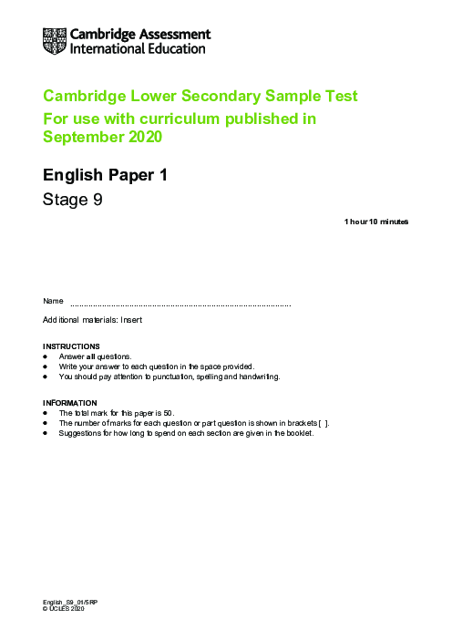 Progression Test Stage 9 English 2020 Paper 1 With Mark Scheme