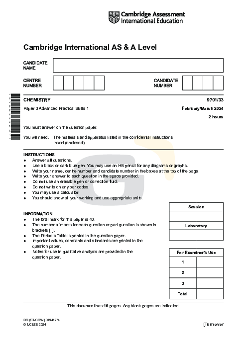 Chemistry 9701/33 March 2024 | Cambridge AS Level Past Papers With Mark Scheme