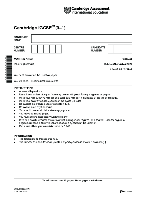 Paper 3, Variant 1, Oct Nov 2020 | Cambridge 9–1 GCSE  Mathematics (0980) Past Papers