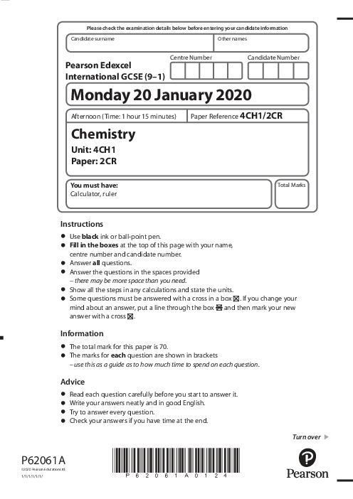 Chemistry 4CH1/2CR January  2020 | Edexcel International GCSE Past Papers With Mark Scheme