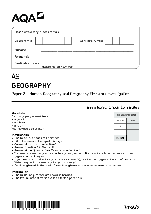 Geography 7036 Paper 2 June 2022, AQA AS-Level Past Papers with Mark Schemes