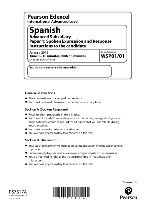 Spanish WSP01/01 January  2018 | Edexcel   International AS Level Past Papers With Mark Scheme