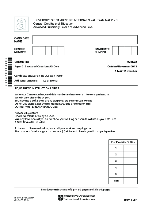 Chemistry 9701/22 Oct Nov 2013 | Cambridge AS Level Past Papers With Mark Scheme