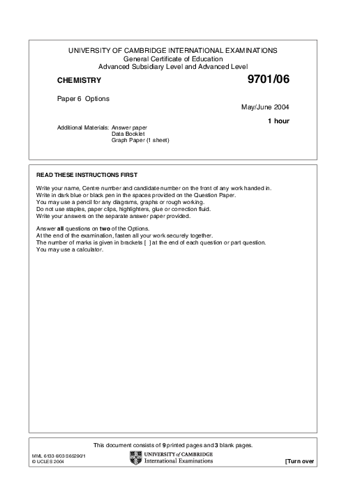 Chemistry 9701/06 May June 2004 | Cambridge AS Level Past Papers With Mark Scheme