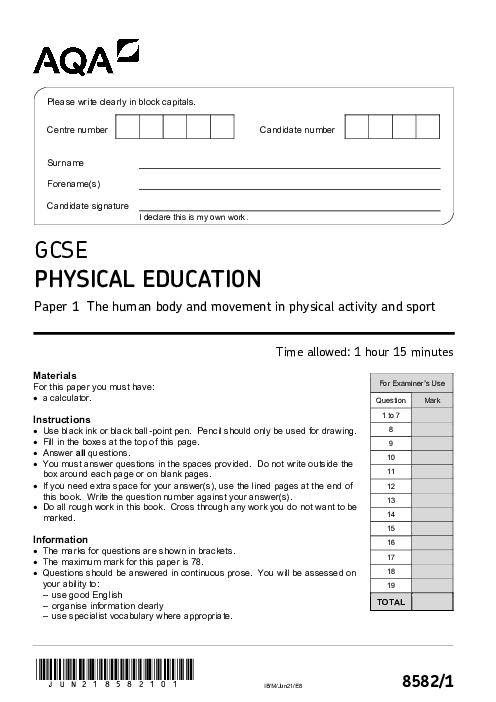 Physical Education 8582/1 June 2021