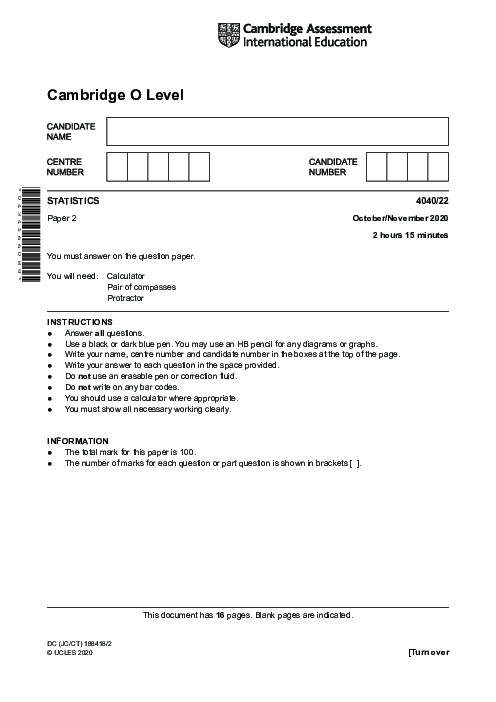  Statistics 4040/23 Oct Nov 2020 | Cambridge O-Level Past Papers With Mark Scheme