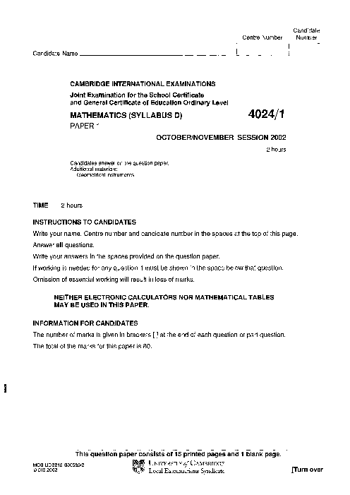 Mathematics Syllabus D 4024/01 Oct Nov 2002
