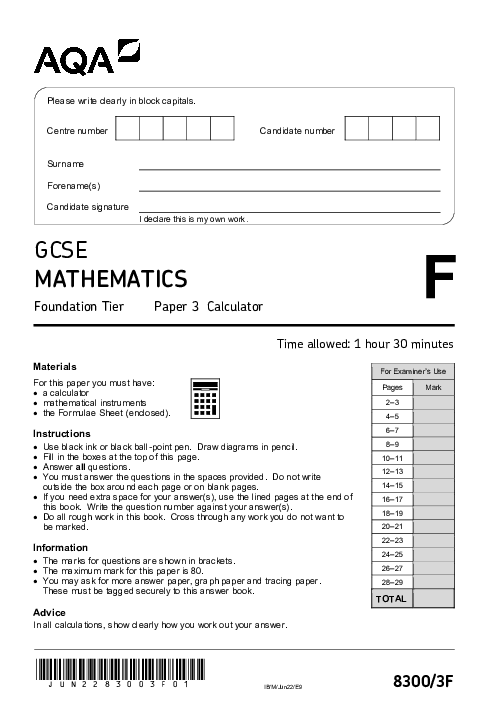 Mathematics 8300/3F June 2022
