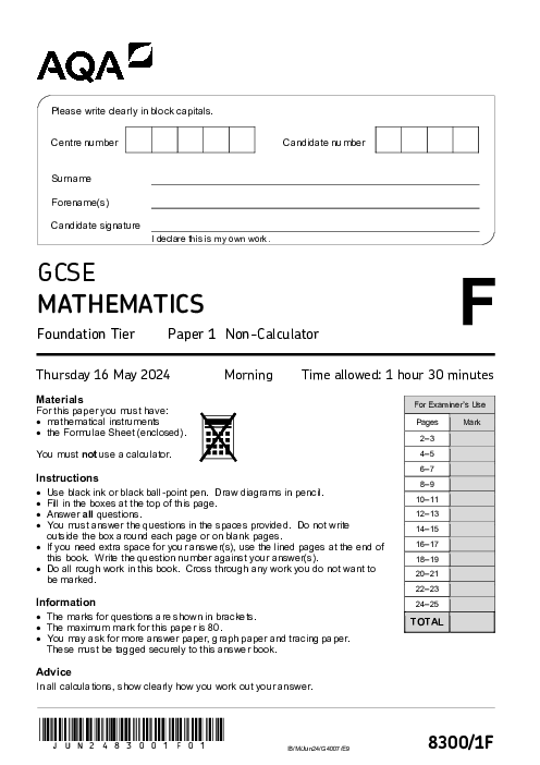  Mathematics 8300/1F June 2024