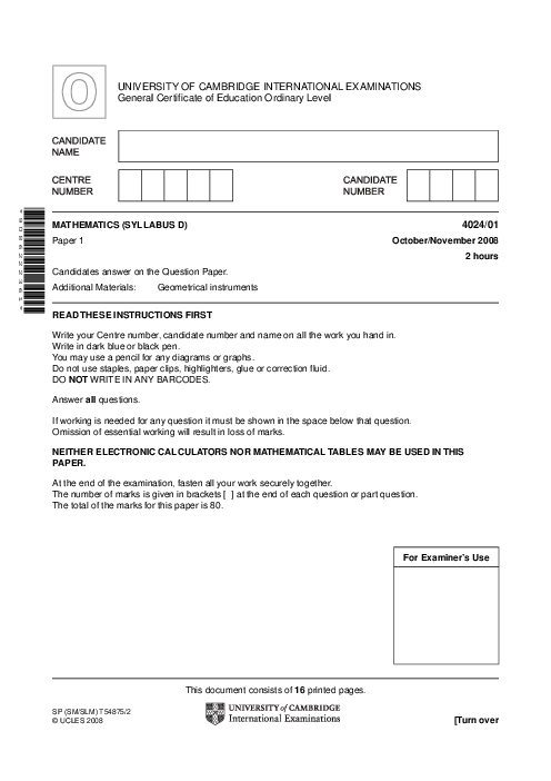 Mathematics Syllabus D 4024/02 May June 2008