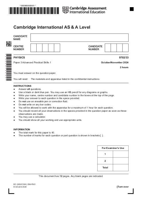 Physics 9702,33 Oct Nov 2024 | Cambridge AS - A Level Past Papers With Mark Scheme