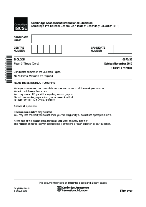 Paper 2, Variant 2, Oct Nov 2019 | Cambridge 9–1 GCSE  Biology (0970) Past Papers