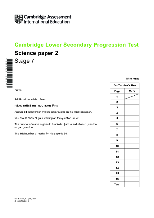 Cambridge Progression Test Stage 7 Science 2018 Paper 2