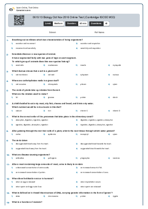 0610/13 Biology Oct Nov 2016 Online Test | Cambridge IGCSE MCQ