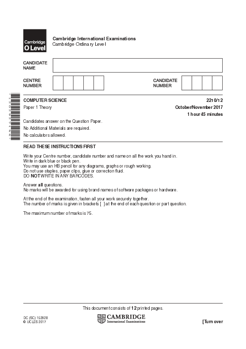  Computer Science 2210/12 Oct Nov 2017 | Cambridge O-Level Past Papers With Mark Scheme